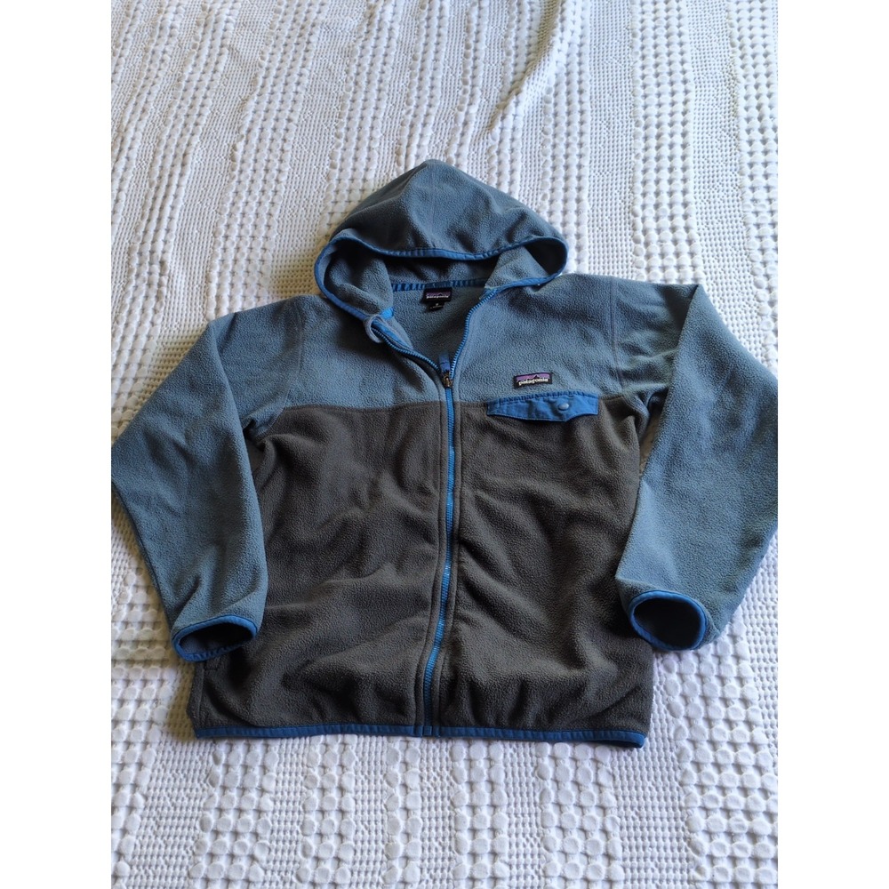 Patagonia Kids Micro D Snap-T Fleece Jacket HOLE Sz 10 Med Blue Brown Full Zip